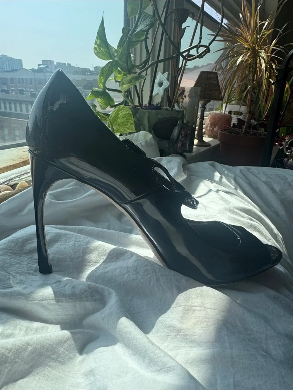Miu Miu Black Patent Leather Mary Jane Peep-Toe Heels with Double Straps